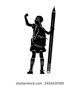 Kid student holding a huge pencil, education creative concept, back to school, hand drawn silhouette vector illustration