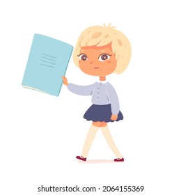 Kid student holding paper notebook in hand vector illustration. Cartoon little girl child pupil character walking to school to learn to read and write, school education for children isolated on white