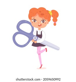Kid student holding scissors to cut paper at school lessons vector illustration. Cartoon little girl child pupil character playing, young funny schoolgirl with art craft supplies isolated on white