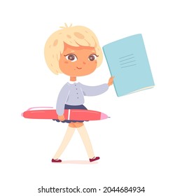 Kid student with paper notebook and pen, school education vector illustration. Cartoon cute girl character holding giant stationery in hand to study on class lesson, homework isolated on white