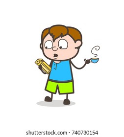 Kid Student Reading Book with Hot Tea - Cute Cartoon Boy Illustration