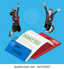 Kid Student School College University Exam Admission Certificate. People Jump For Joy Test Passed. 3D Isometric Person Icon Set. Creative Design Vector Illustration Collection