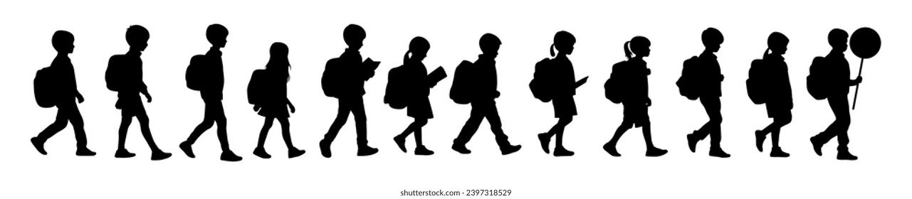 Kid student silhouette, students, education in back to school vector illustration, primary school student walking silhouette