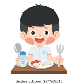 Kid student is sitting at the table eating a meal