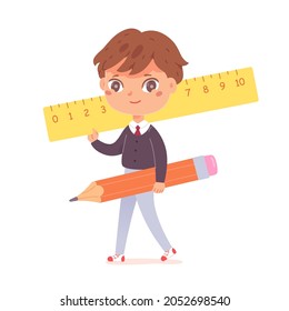 Kid student walking with pencil and ruler, school children pupils go vector illustration. Cartoon cute boy character carrying supplies to study in classroom, schoolboy learning isolated on white