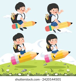 Kid students Flying With Pencil set