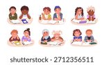 Kid students sitting at desk. Happy elementary school children together, studying, smiling. Cute child characters, classmates learning in pairs. Flat vector illustrations isolated on white background