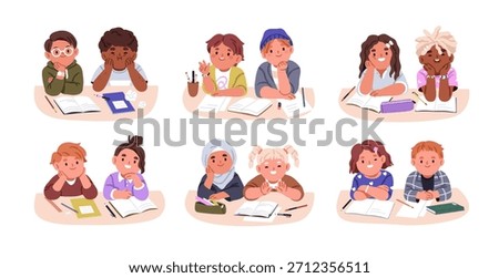 Kid students sitting at desk. Happy elementary school children together, studying, smiling. Cute child characters, classmates learning in pairs. Flat vector illustrations isolated on white background