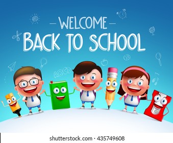 Kid students vector characters and funny school items mascot happy holding each other in a horizon for back to school background. Vector illustration
