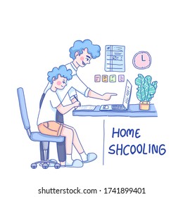 Kid study from home with his father character design of vector. Doodle illustration style.