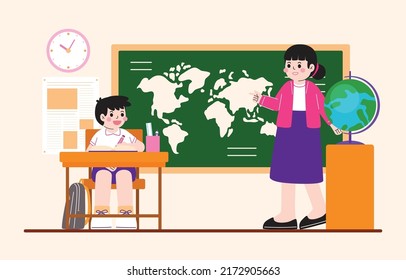 Kid Study Lesson With Teacher In Classroom, Vector, Illustration