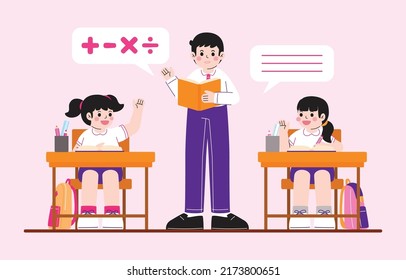 Kid Study Math Lesson With Teacher In Classroom, Vector, Illustration