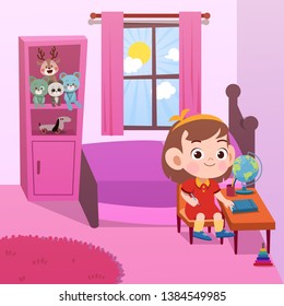 Kid Study In Room Vector Illustration