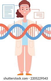 Niño estudiando Adn. Investigación en biotecnología. Científica femenina aislada en el fondo blanco