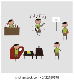 kid studying, playing guitar, watching tv, playing basketball and standing vector illustration