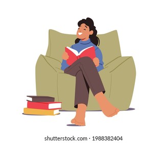 Kid Studying, Schoolgirl Learning, Read Fairytale Story. Girl Character Reading Book Sitting on Armchair at Home or Library. School Lesson, Education and Knowledge Concept. Cartoon Vector Illustration