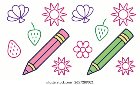 Conjunto de Ilustraciones vectoriales de lápiz de estilo infantil con garabatos divertidos colocados al azar que incluyen símbolos de naturaleza ideales para imprimibles amigables para niños