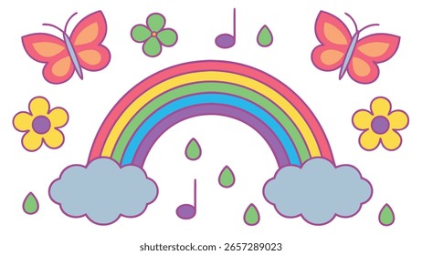 Kinderstil-Buntstiftvektor-Illustrationen mit zufällig platzierten lustigen Doodles, einschließlich Natursymbolen, ideal für kinderfreundliche Ausdrucke