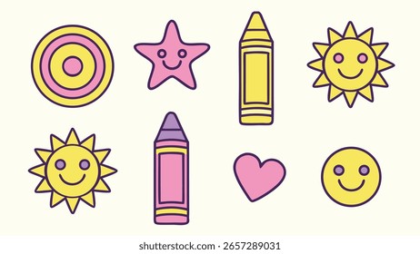 Kinderstil-Buntstiftvektor-Illustrationen mit zufällig platzierten lustigen Doodles, einschließlich Natursymbolen, ideal für kinderfreundliche Ausdrucke