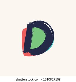 Kid style D letter logo handwritten with dry brush and watercolor spots. Perfect for cartoon ads, festal poster, cute identity, etc.
