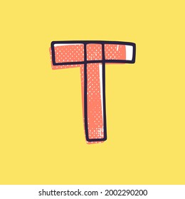 Kid style letter T logo hand-drawn with a marker with paint shift effect. Vector cartoon typeface for fun zone decoration, children's collages, a toy company, cute art posters, etc.