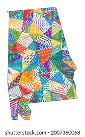 Mapa de estilo infantil de Alabama. Polígonos dibujados a mano en forma de Alabama. Ilustración vectorial.
