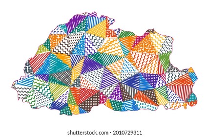 Kid style map of Bhutan. Hand drawn polygons in the shape of Bhutan. Vector illustration.