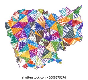 Kid style map of Cambodia. Hand drawn polygons in the shape of Cambodia. Vector illustration.