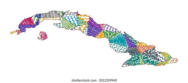 Kid style map of Cuba. Hand drawn polygons in the shape of Cuba. Vector illustration.