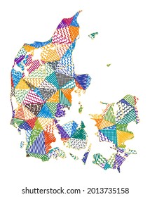 Kid style map of Denmark. Hand drawn polygons in the shape of Denmark. Vector illustration.