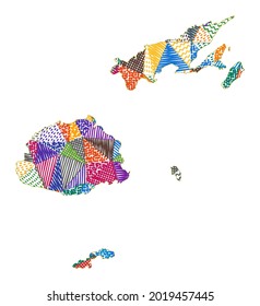 Kid style map of Fiji. Hand drawn polygons in the shape of Fiji. Vector illustration.