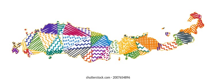 Kid style map of Flores. Hand drawn polygons in the shape of Flores. Vector illustration.