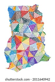 Mapa de Ghana al estilo infantil. Polígonos dibujados a mano en forma de Ghana. Ilustración vectorial.