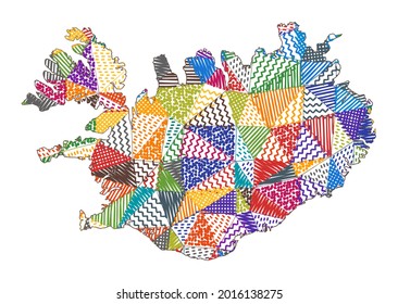 Kid style map of Iceland. Hand drawn polygons in the shape of Iceland. Vector illustration.