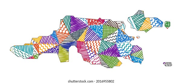 Kid style map of Jost Van Dyke. Hand drawn polygons in the shape of Jost Van Dyke. Vector illustration.