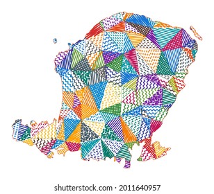 Kid style map of Lombok. Hand drawn polygons in the shape of Lombok. Vector illustration.