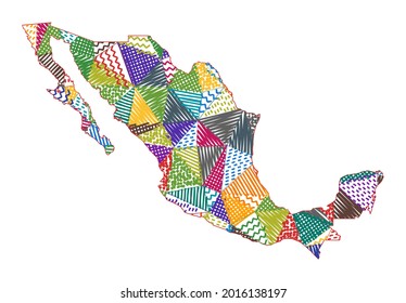 Kid style map of Mexico. Hand drawn polygons in the shape of Mexico. Vector illustration.