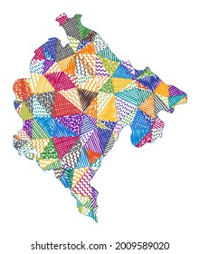Kid style map of Montenegro. Hand drawn polygons in the shape of Montenegro. Vector illustration.