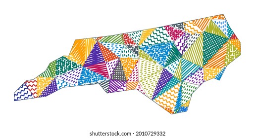 Mapa de estilo infantil de Carolina del Norte. Polígonos dibujados a mano en forma de Carolina del Norte. Ilustración vectorial.