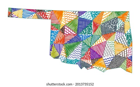 Kid style map of Oklahoma. Hand drawn polygons in the shape of Oklahoma. Vector illustration.