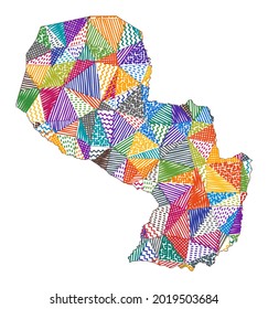 Mapa del estilo infantil de Paraguay. Polígonos dibujados a mano en forma de Paraguay. Ilustración vectorial.