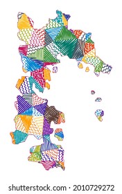 Mapa de estilo infantil de Patmos. Polígonos dibujados a mano en forma de Patmos. Ilustración vectorial.