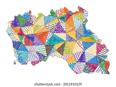 Kid style map of Santa Maria Island. Hand drawn polygons in the shape of Santa Maria Island. Vector illustration.