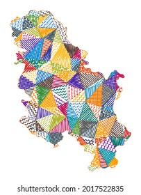 Kid style map of Serbia. Hand drawn polygons in the shape of Serbia. Vector illustration.
