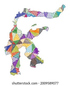 Kid style map of Sulawesi. Hand drawn polygons in the shape of Sulawesi. Vector illustration.