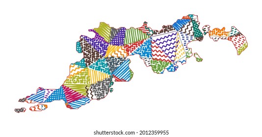 Mapa de Tortola con estilo infantil. Polígonos dibujados a mano en forma de Tortola. Ilustración vectorial.