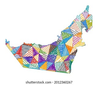 Kid style map of UAE. Hand drawn polygons in the shape of UAE. Vector illustration.