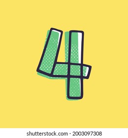 Kid style number four logo hand-drawn with a marker with paint shift effect. Vector cartoon typeface for fun zone decoration, children's collages, a toy company, cute art posters, etc.
