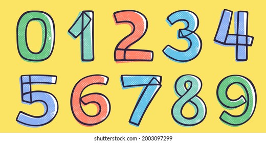 Kid style numbers set hand-drawn with a marker with paint shift effect. Vector cartoon typeface for fun zone decoration, children's collages, a toy company, cute art posters, etc.