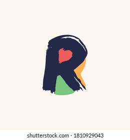 Kid style R letter logo handwritten with dry brush and watercolor spots. Perfect for cartoon ads, festal poster, cute identity, etc.